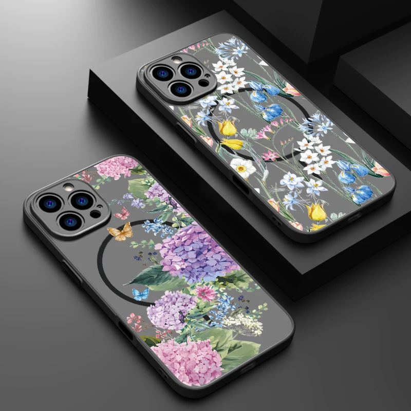 Durchscheinende, matte Handyhülle für iPhone 18, 17, 17e, 16, 15 Pro, 14, 13 Pro Max, mit Magsafe-Funktion, bunter Blumenmuster-Druck auf der Rückseite. – Detail 4