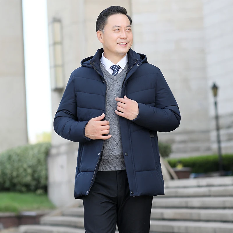 

Male Casual Warm Cotton Coat with Removable Hood Water-resistant Cold Weather Parka Men's Winter Business Thicken Parka Jacket