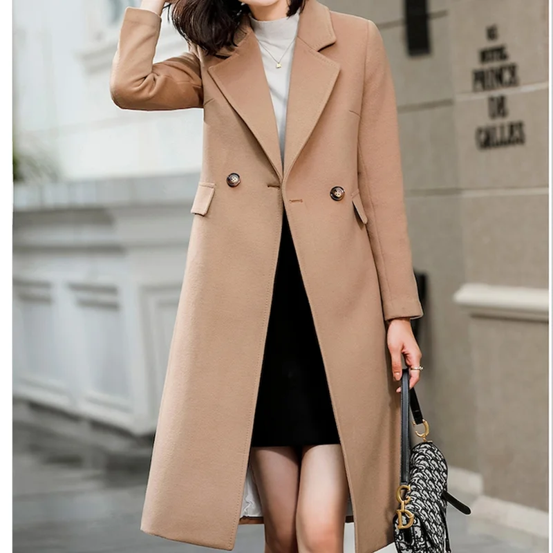 

Winter Wool Blends Women's Coat Trench Pockets Solid Streetwear Lapel Coats Lined Medium-length Ladys Windbreaker Jacket