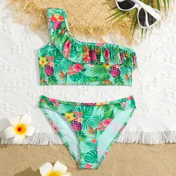 Girl Tropical Print Bikini Set Swimsuit Kids Ruffle One Shoulder Children's Swimwear 7-14 Years Two Piece Swimming Bathing Suit