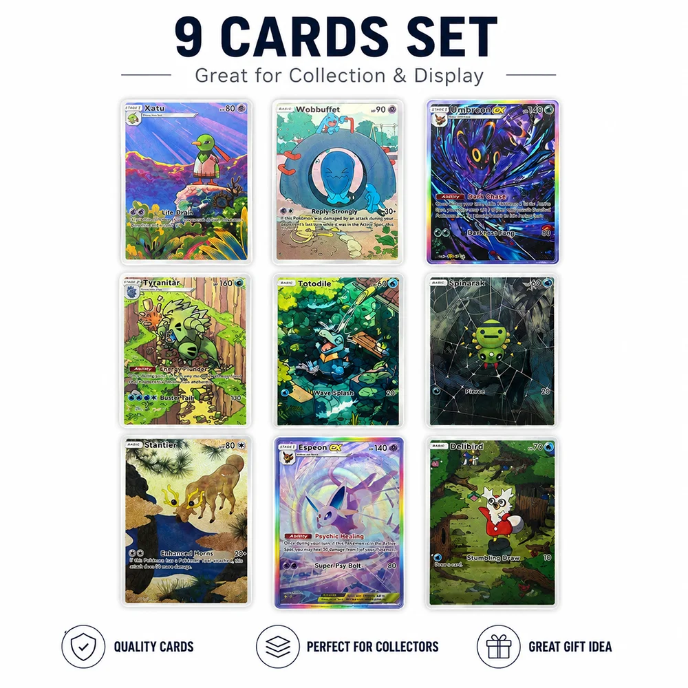 PTCG Set de 9 Cartas Coleccionables Estilo Vintage Umbreon EX Espeon EX Tyranitar Totodile con Diseño Artístico en Lámina para Exhibición y Colección
