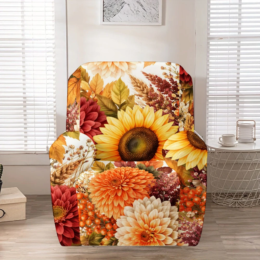 Autumn Sunflower Dahlia Wheat Maple Leaf Recliner Chair Cover Stretch Fall Harvest Recliner Slipcover Elastic Sofa Protector
