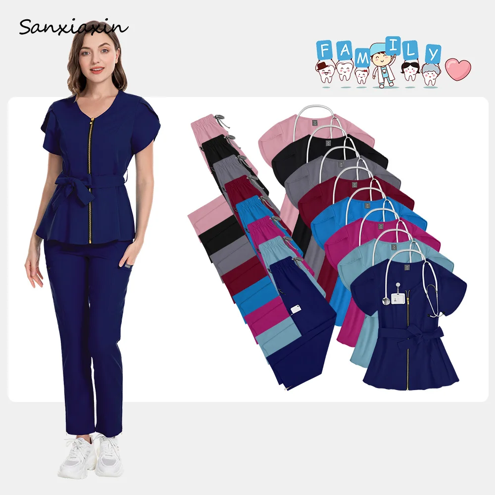 

High Quality Pet Grooming Scrubs Uniform Women Operating Room Medical Uniforms V-Neck Beautician Worker's Tops+pant Work Clothes
