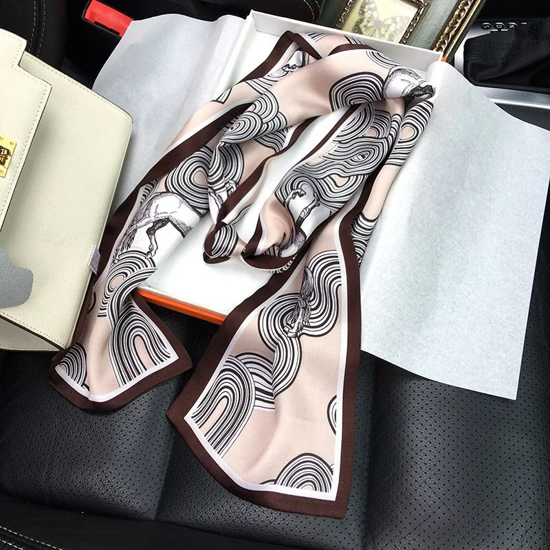 Double Layer 100% Silk Ring Scarf Wraps Luxury Horse Print Narrow Long Neckerchief Necktie Ladies Head Hair Scarves 150*16cm