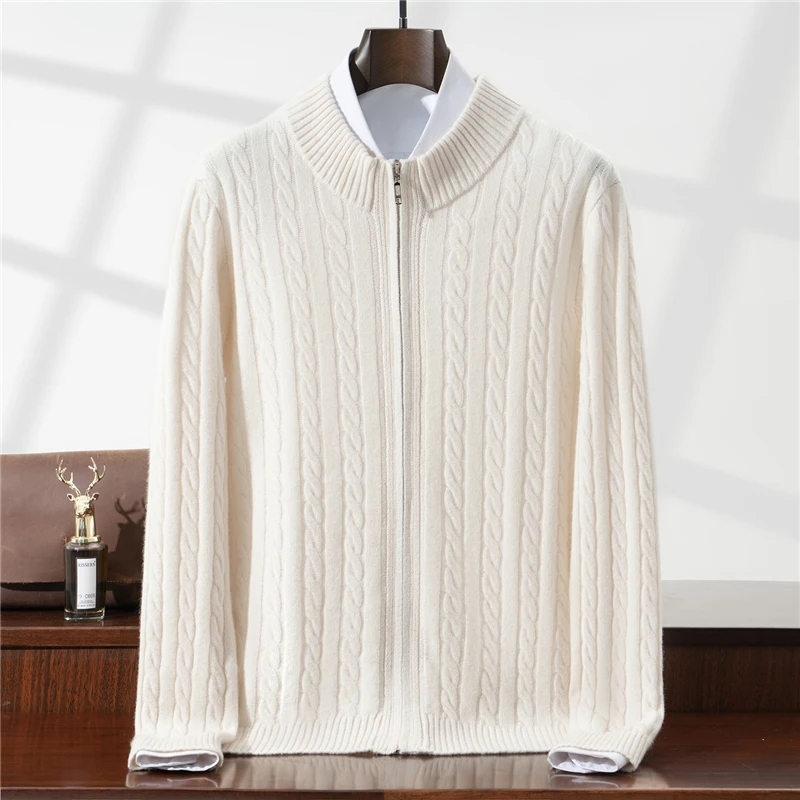 

Autumn Winter Sweater 100% Pure Wool Men's Cable Knit Zipper Cardigan Coat Half Turtleneck Knitted Cashmere Loose Top