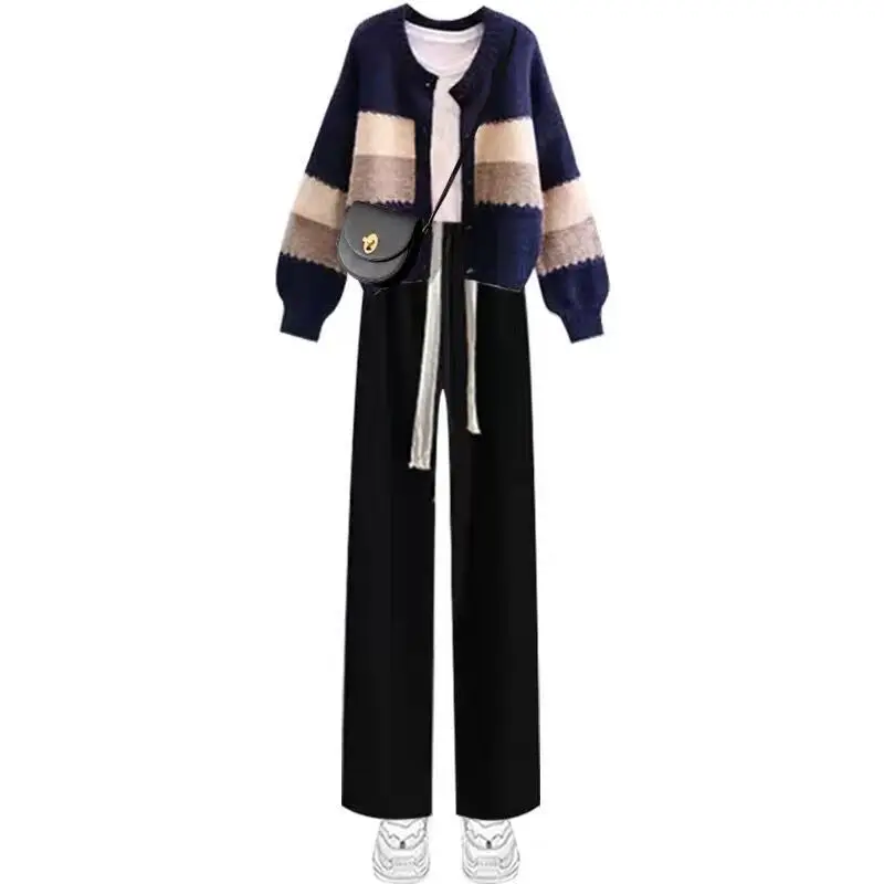 Leisure professional suit women's suit 2024 new sweet style outfit with knitted sweater and wide leg pants three piece set