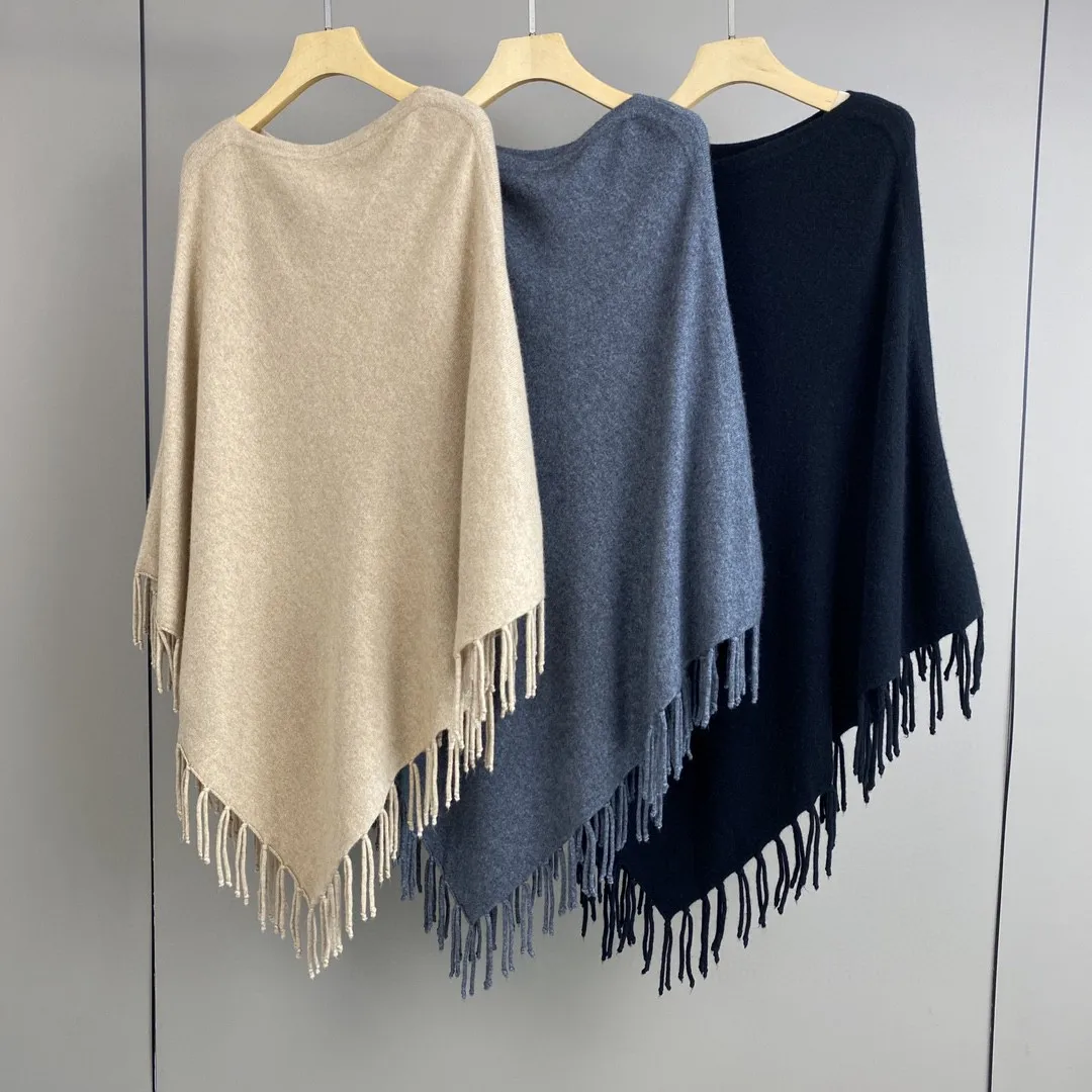 

Women Cashmere Blend Knitted Sweater Hem Irregular Tassel Round Neck Solid Color Loose Ladies Shawl