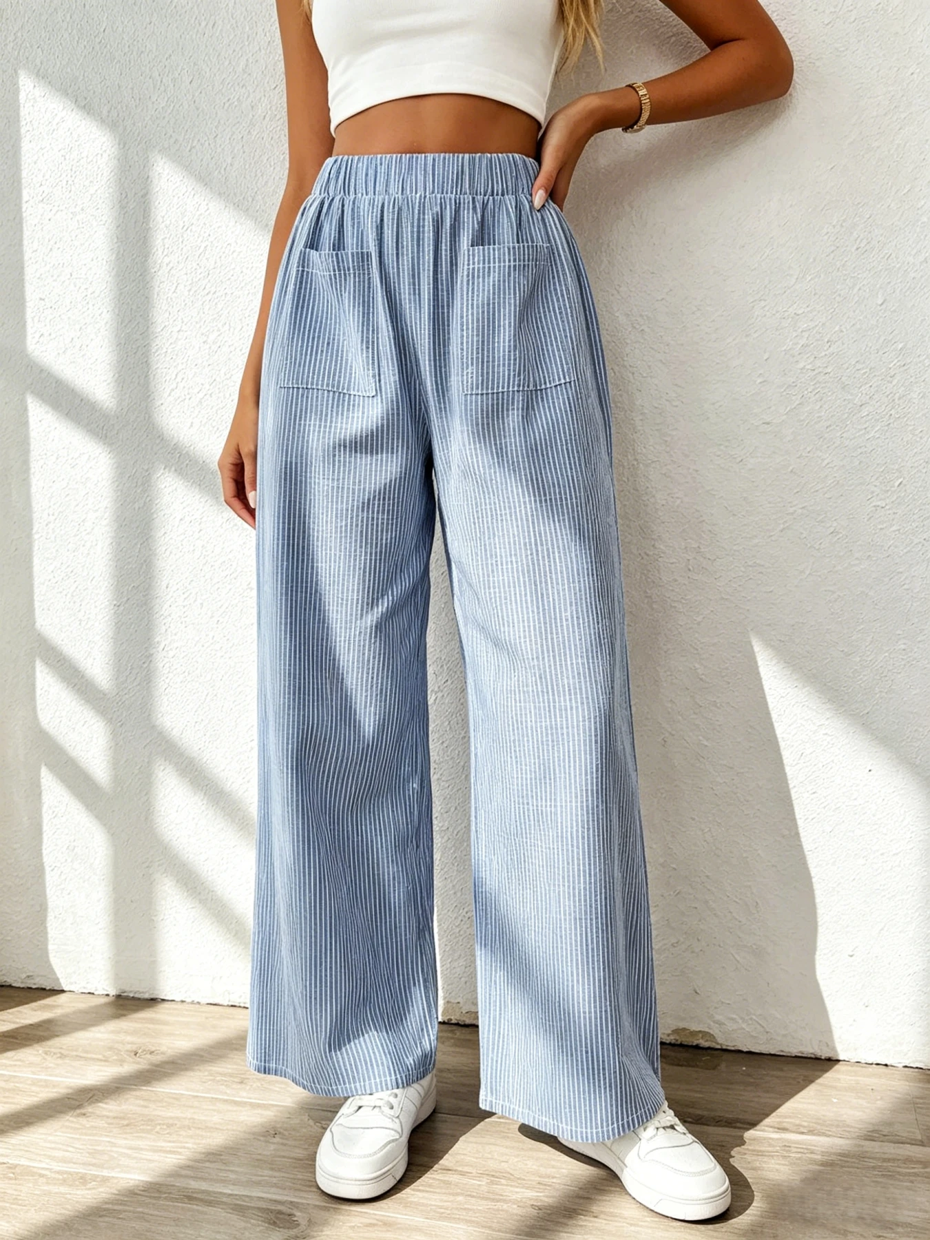 Women's Blue Vertical Striped Elastic High Waist Wide Leg Pants With Double Side Pockets Casual Loose Straight Ankle Trousers Fo