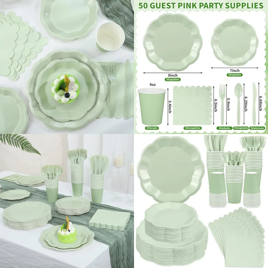 

350 Pcs Sage Green Disposable Party Supplies Set for Wedding Baby Shower Bridal Shower and Birthday Parties Includes Scalloped