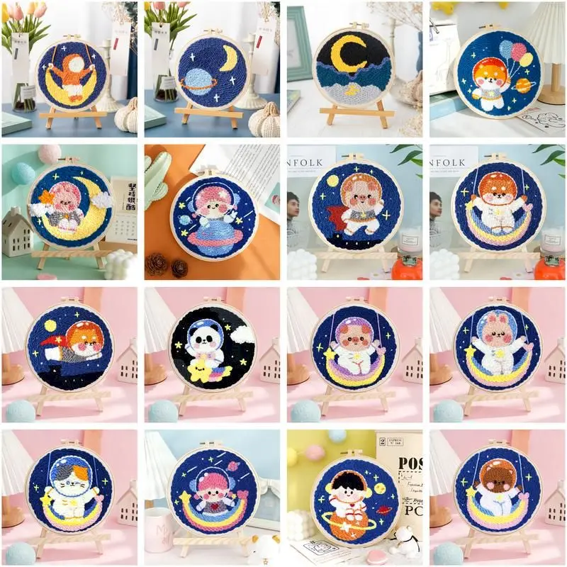 

DIY Embroidery Kit Stitching Punch Needle Craft Astronaut animals Pattern Printed Needlework Cross Stitch Sewing Painting Decor