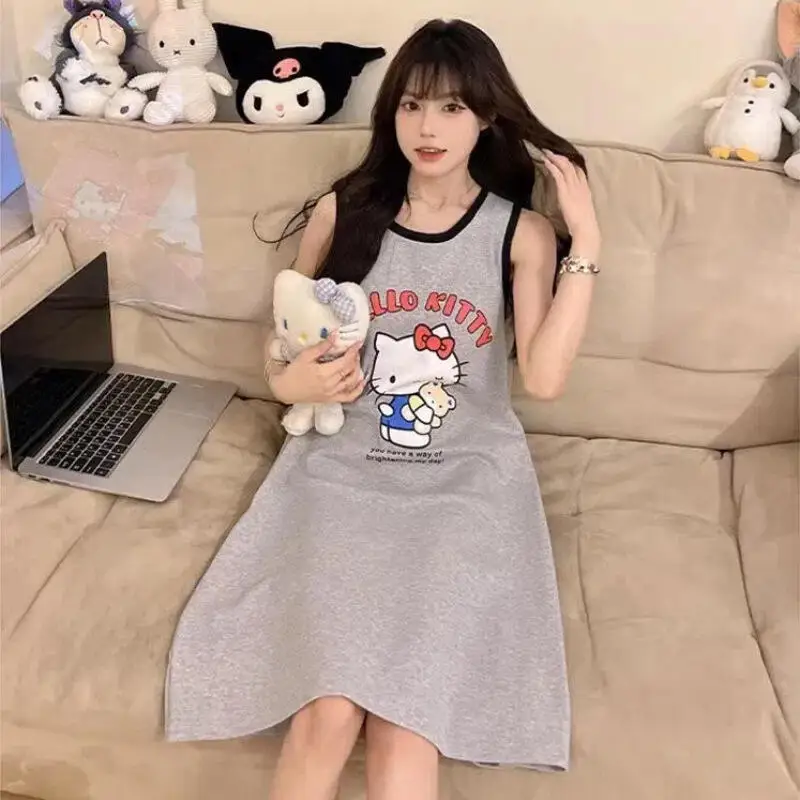 Miniso أنيمي مرحبا كيتي بيجامة فستان الصيف تقليد القطن النوم تنورة الكرتون المألوف فضفاض المنزل الملابس في الهواء الطلق الهدايا