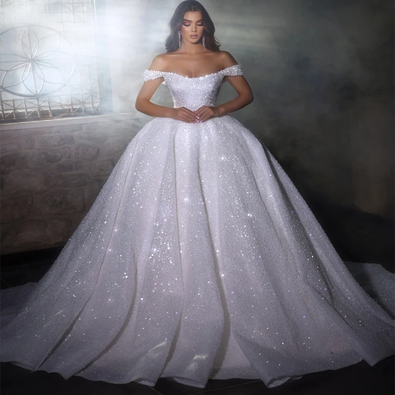 

Luxury Shiny Lace Up Ball Gown Wedding Dress 2024 Beading Sequined Off the Shoulder Sleeveless A-Line Princess Bridal Gown