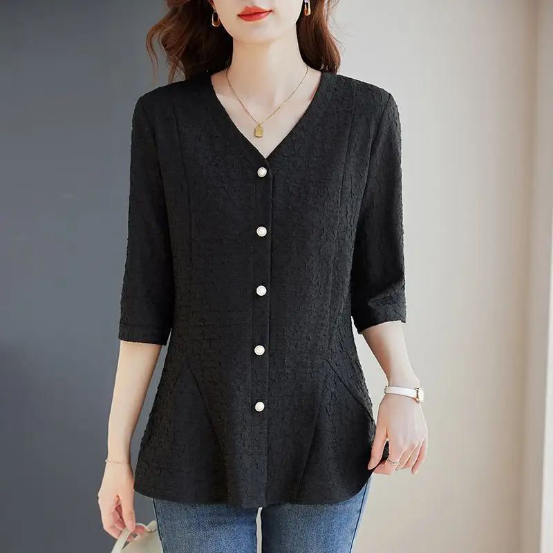 Nuevo Top de encaje de manga tres cuartos, Top adelgazante holgado y elegante a la moda de talla grande para mujer