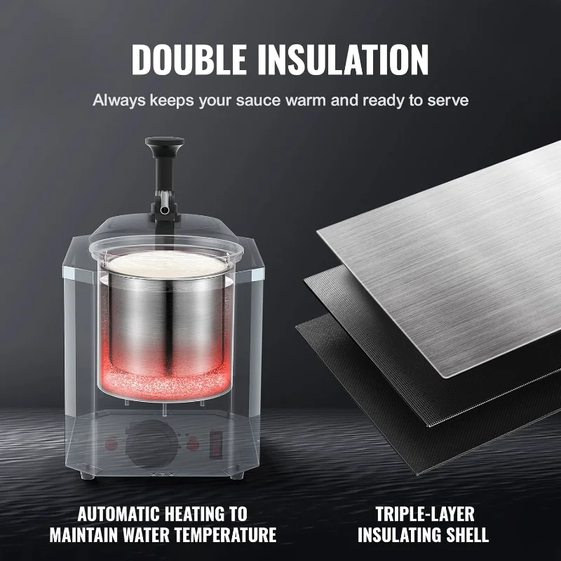 VEVOR Elektrischer Spender mit Pumpe, 2,3 Qt kommerzieller Hot Fudge-Wärmer, beheizter Pumpspender aus Edelstahl, 86–230 Temperatur