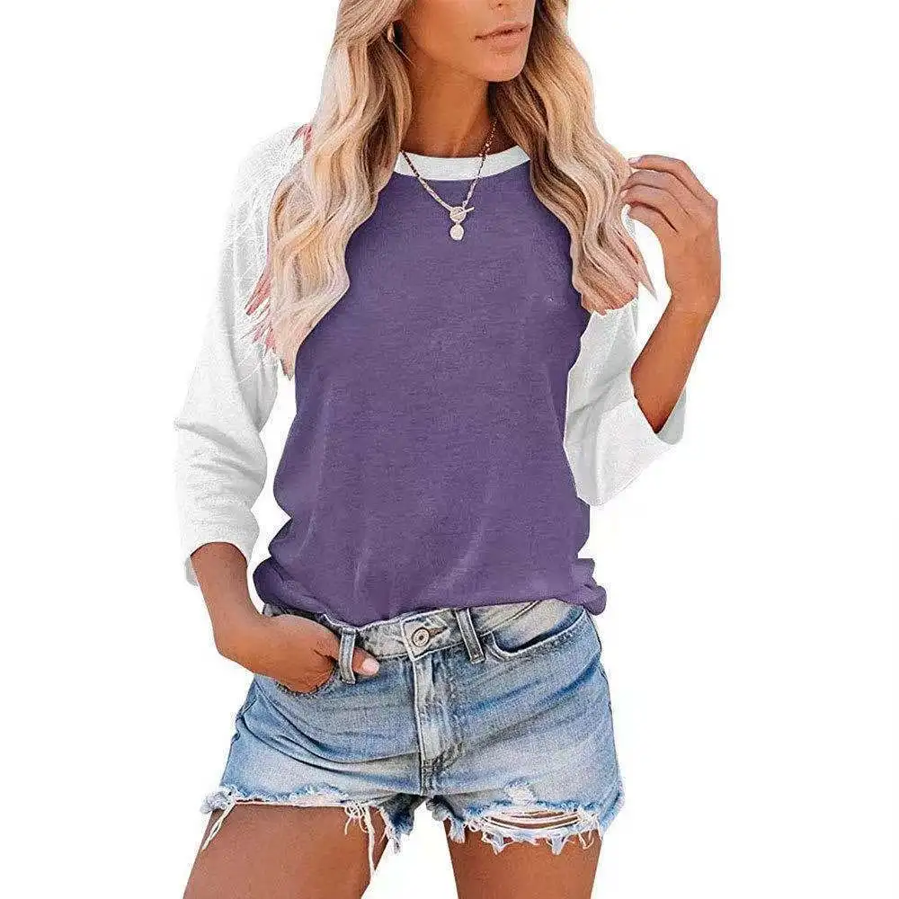 

New Sle Color Blo round Ne oulder Insertion Seven Sve Women's T-irt Spring Faion Mid-Length Casual Top