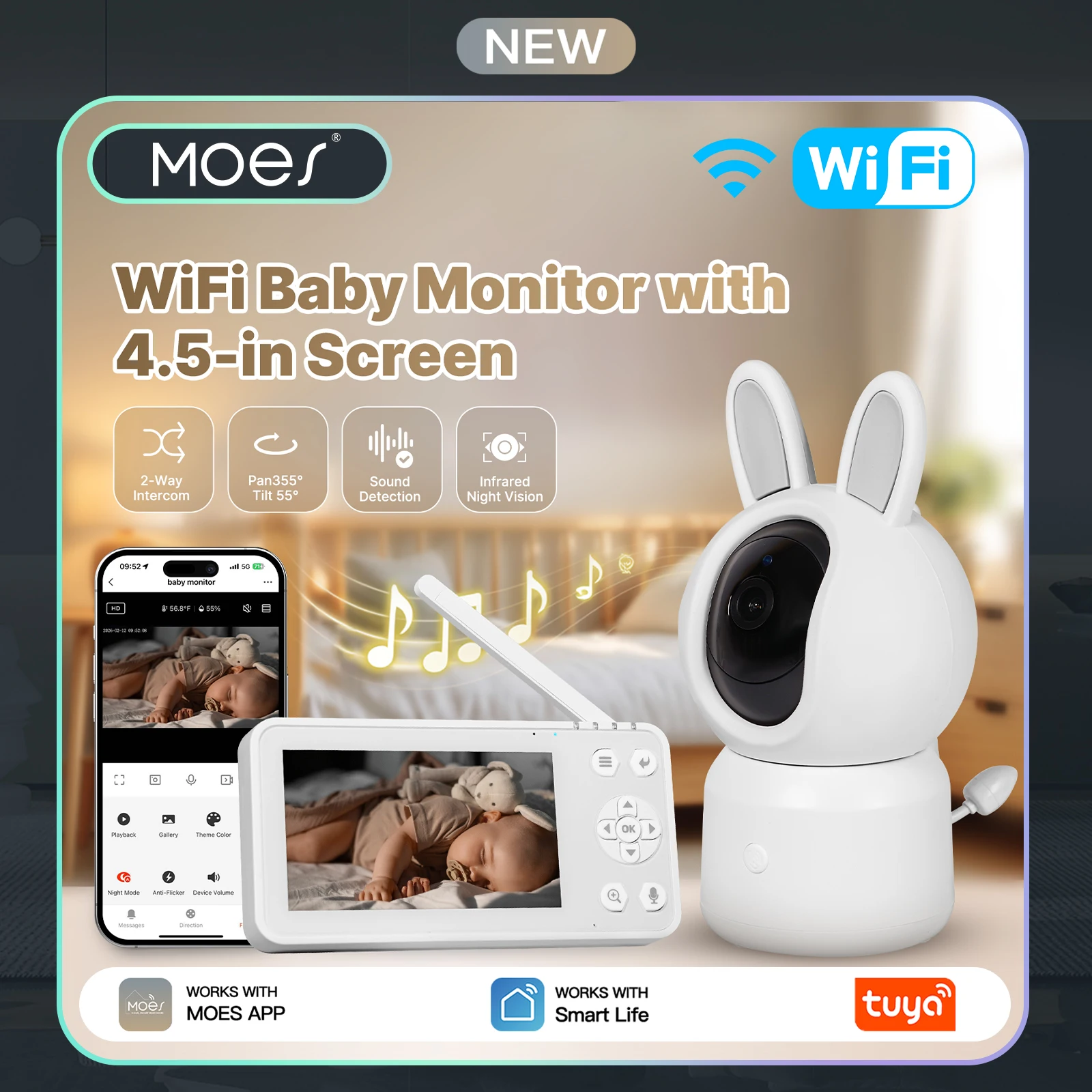 

Умная видеоняня MOES Tuya WiFi с 4,5-дюймовым ЖК-экраном, PTZ-камерой, зумом, видеонаблюдением, датчиком температуры и функцией укачивания