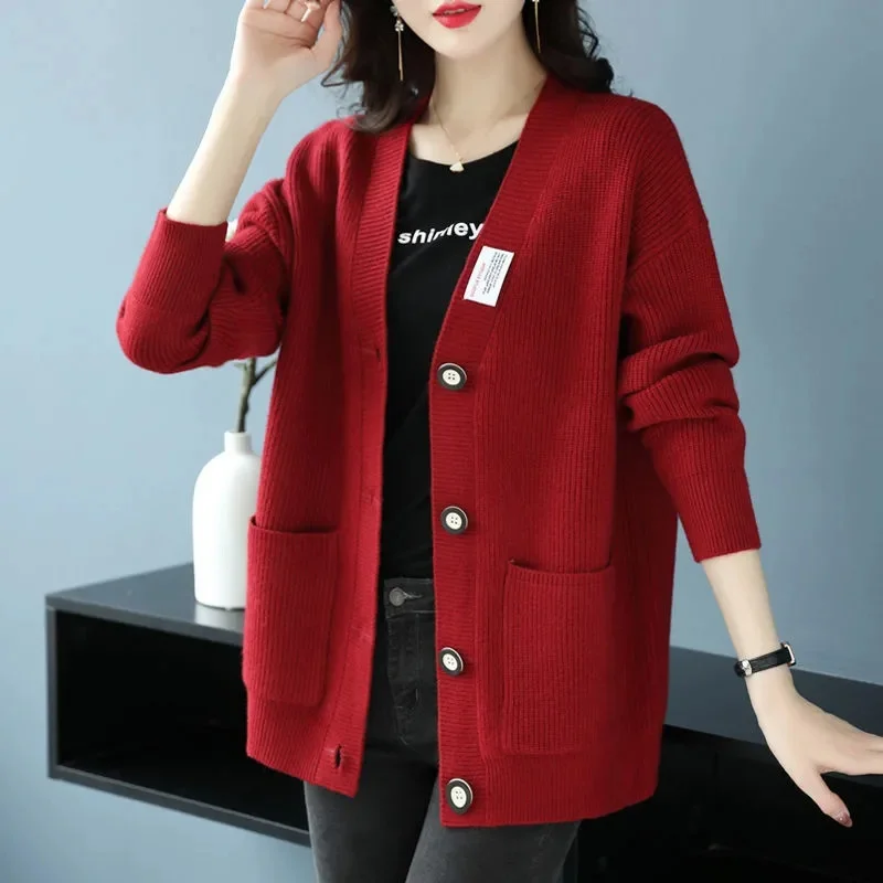 고품질 울 가디건 여성 재킷 2025 봄 가을 신상 스웨터 한국 스타일 루즈핏 레이지 윈드 니트 코트 두꺼운 여성 상의