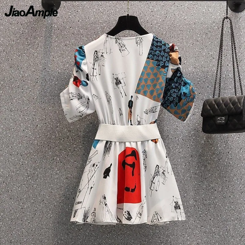 Women's Summer Casual Set 2024 New Printed V-Neck Slim Chiffon Shirts Tops Flared Pants Two Piece Korean Elegant Business Wear