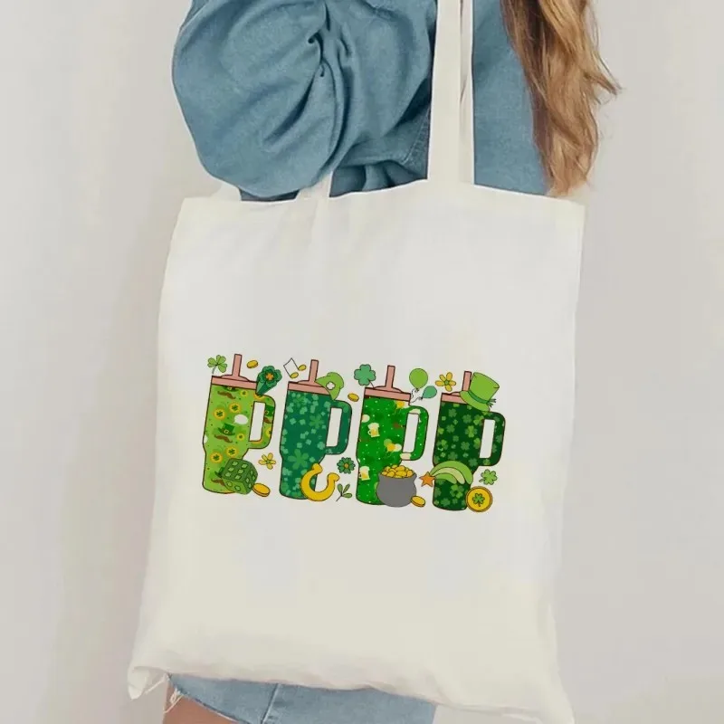 

Холщовые сумки-тоут на день Святого Патрика, стакан с клевером, Лепрекон, золотая монета с принтом, повседневная сумка для покупок, праздничная подарочная сумка