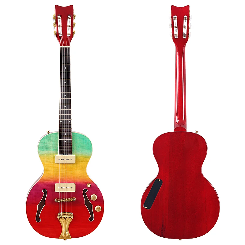 

Electric Guitar with Flame Maple Top 6 Strings High Gloss Double F-hole Design Canada Maple Neck 39 Inch Rainbow Colors