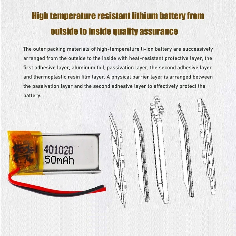 3,7 В 50 мАч 401020   Литий-полимерная литий-полимерная аккумуляторная батарея для игрушек, автомобилей, Bluetooth-динамик, Bluetooth-гарнитура, цифровая pr