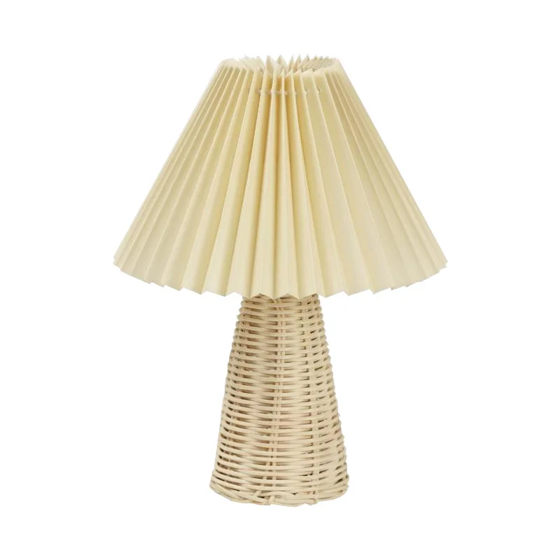 Lampada da tavolo per camera da letto a pieghe Vintage con luce notturna in Rattan creativo lampada da studio con paralume bianco Beige decorativo