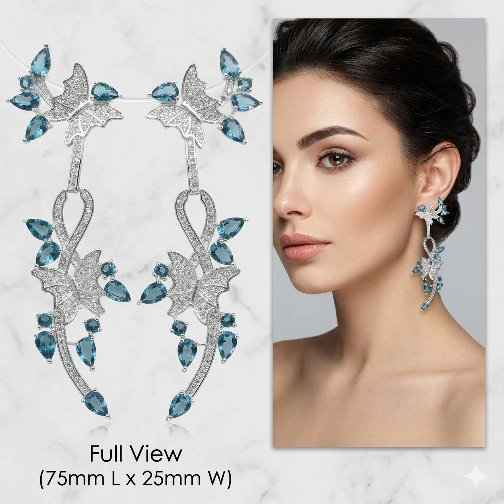 75x25mm Amazing Long Big Heavy 14.3g Swiss Blue Topaz London Blue Topaz Pink Kunzite White CZ For Women Gift Silver Earrings