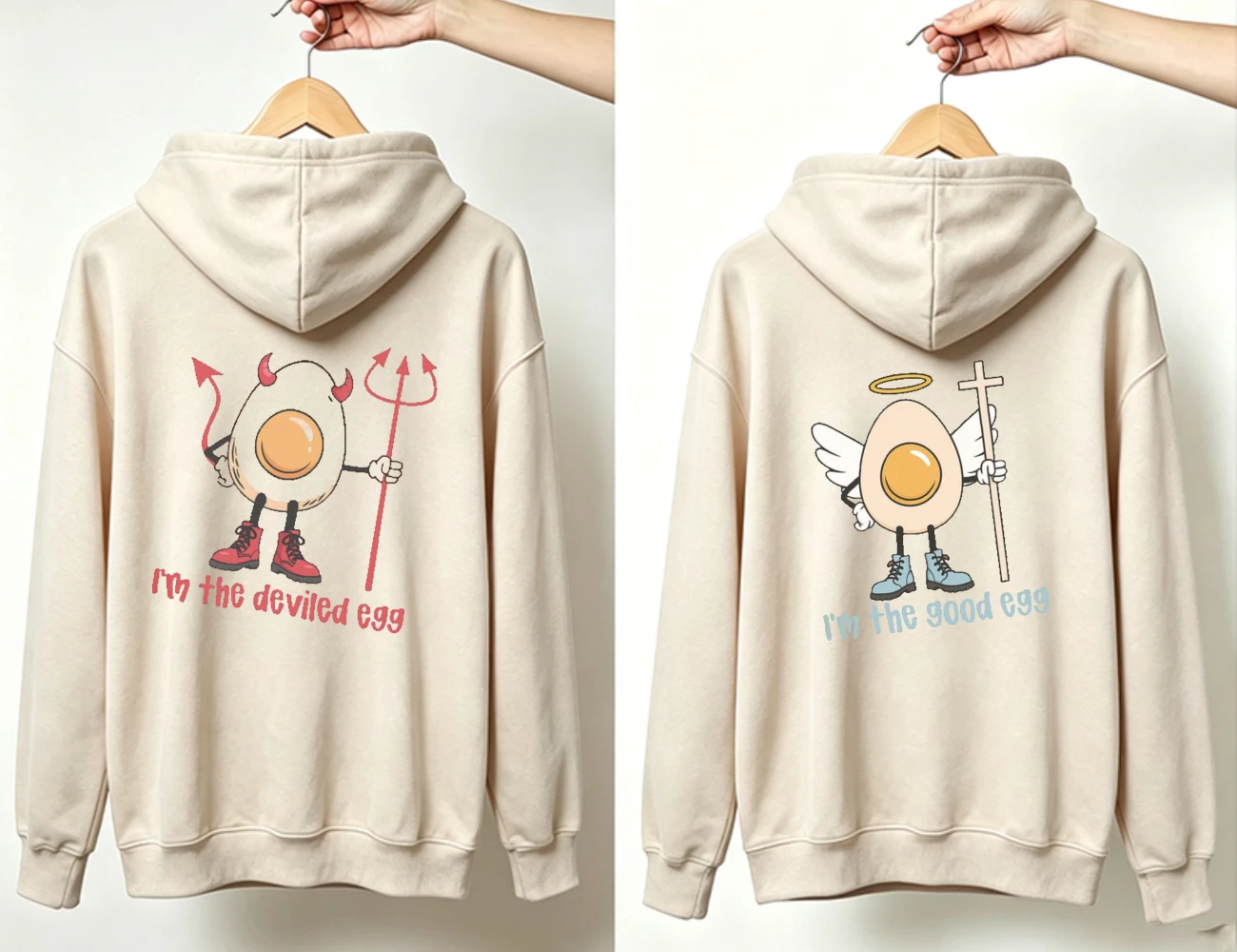 Cute Devil & Good Egg Couple Matching Hooded Sweatshirt Funny Cartoon Print Loose Beige Pullover Hoodie for Couple Streetwear