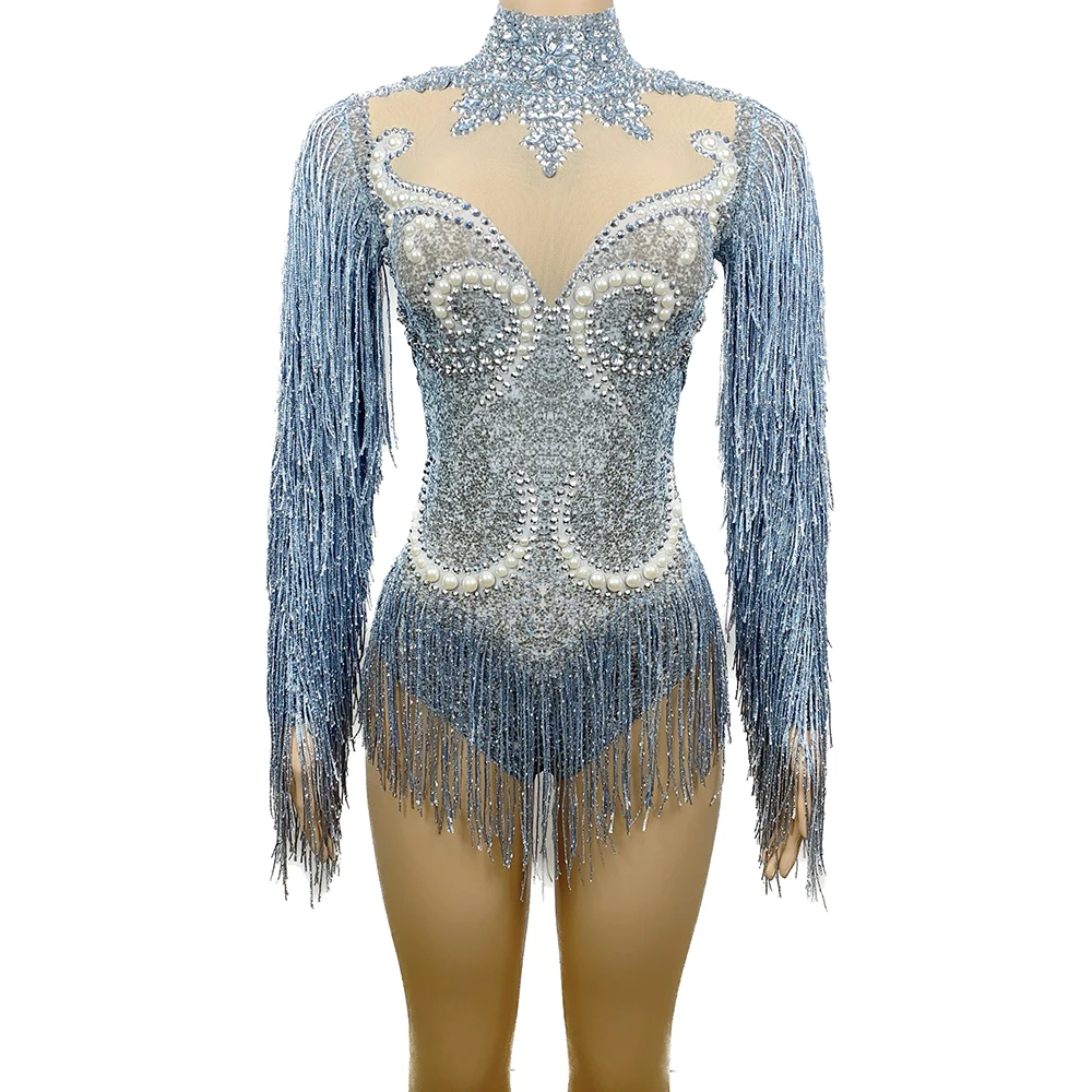 

Sexy Stage Gray Fringe Silver Rhinestones Pearls Transparent Bodysuit Women Dance Show Costume Birthday Party Photo Shoot Outfit