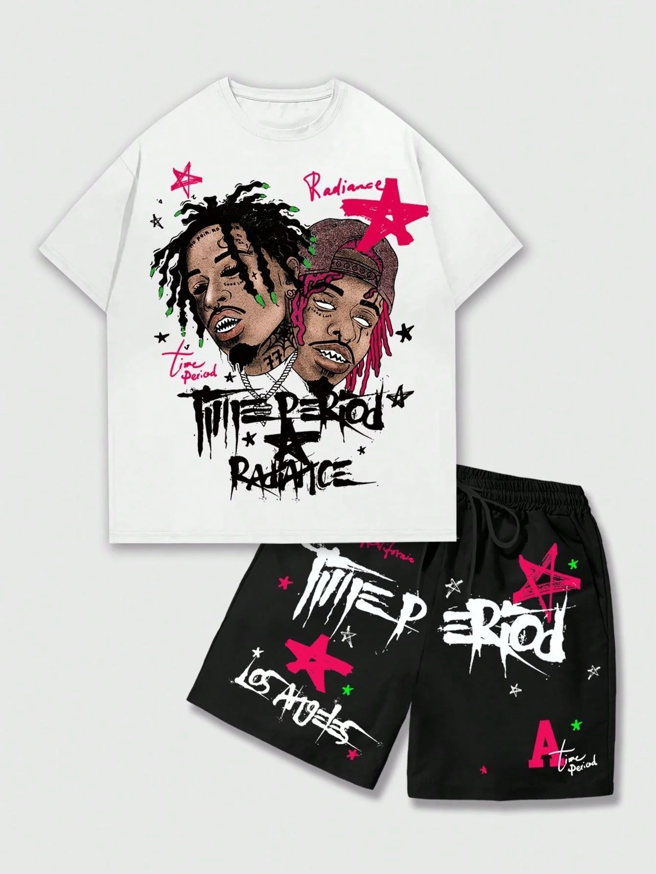 

Adults and Kids 2 Piece Set Rapper Graffiti Print Short Sleeve T Shirt and Drawstring Shorts Summer Hip Hop Streetwear Tracksuit