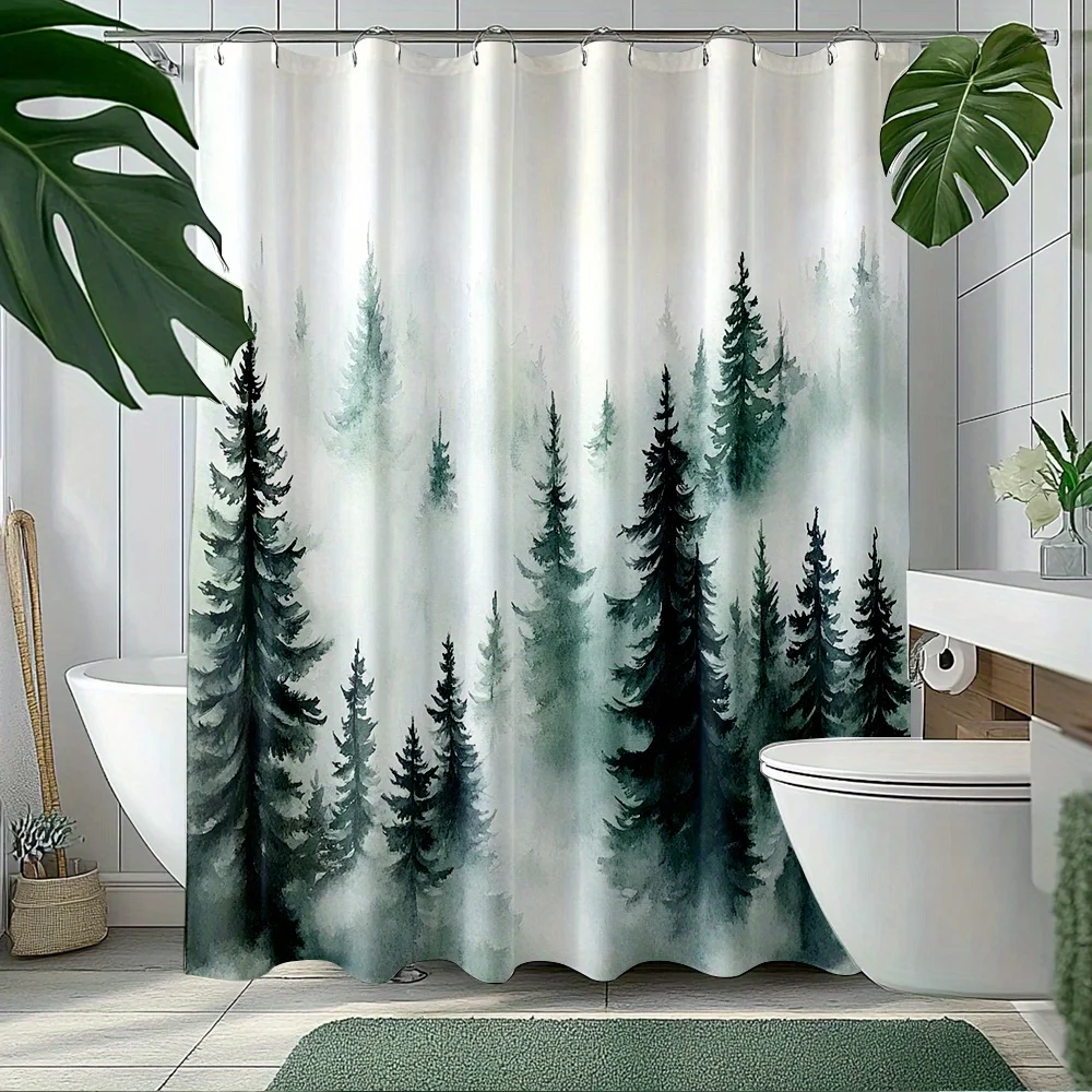 

1 шт. занавеска для душа — акварельный рисунок «Сосновый лес», водонепроницаемый полиэстер, пригодный для машинной стирки, для душа или ванны, декор для ванной комнаты