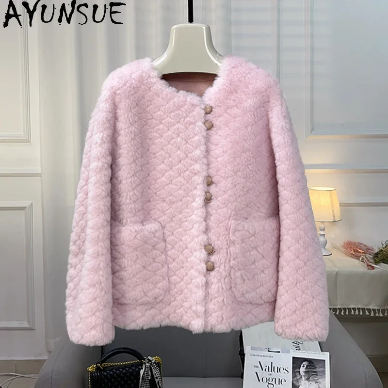 AYUNSUE Granular Wool Coats for Women 2023 Autumn Winter Short Sheep Shearing Jacket Korean Style Round Neck Roupas Femininas