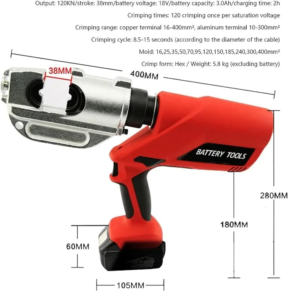 Alicates de Prensado hidráulico, cabezal giratorio, reinicio automático, molde para terminales de cobre y aluminio, 18V