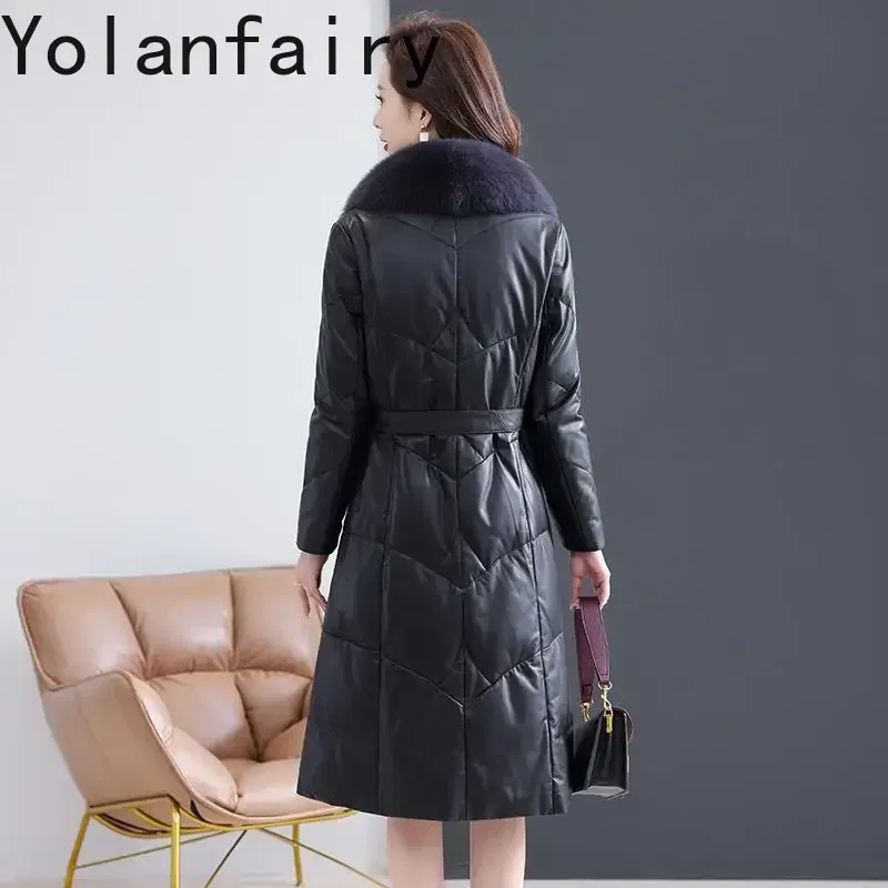 YOLANFAIRY Genuine Leather Down Jacket Women Clothes Mid-long Pure Sheepskin Jacket Belt Fashion Trench Coat Fox Fur Collar