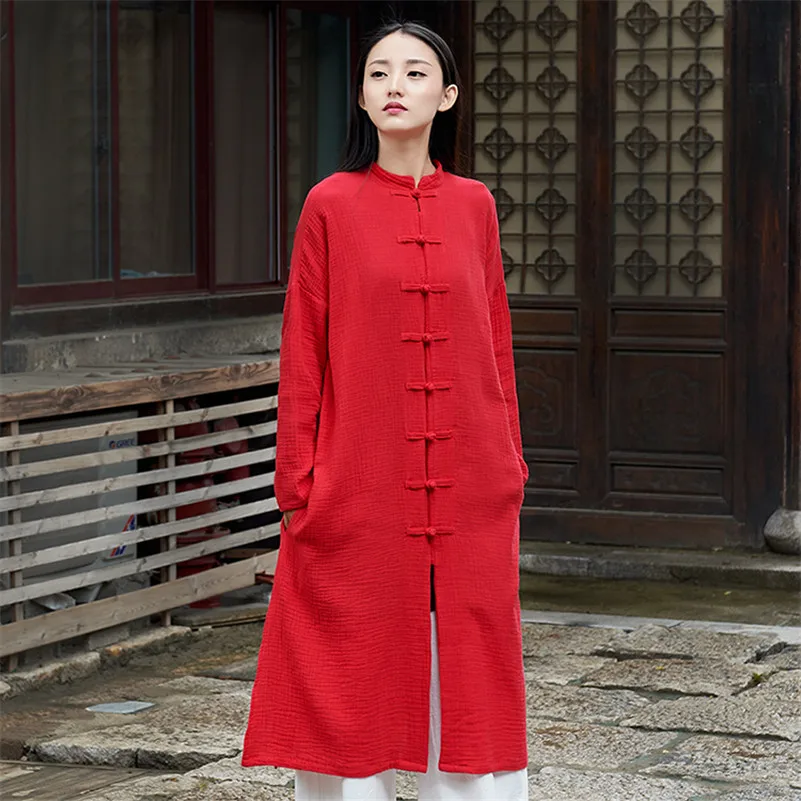 High Quality Women Cotton Thin Cardigan Chinese Style Button Stand Collar Dress Female Solid Dress Vestidos