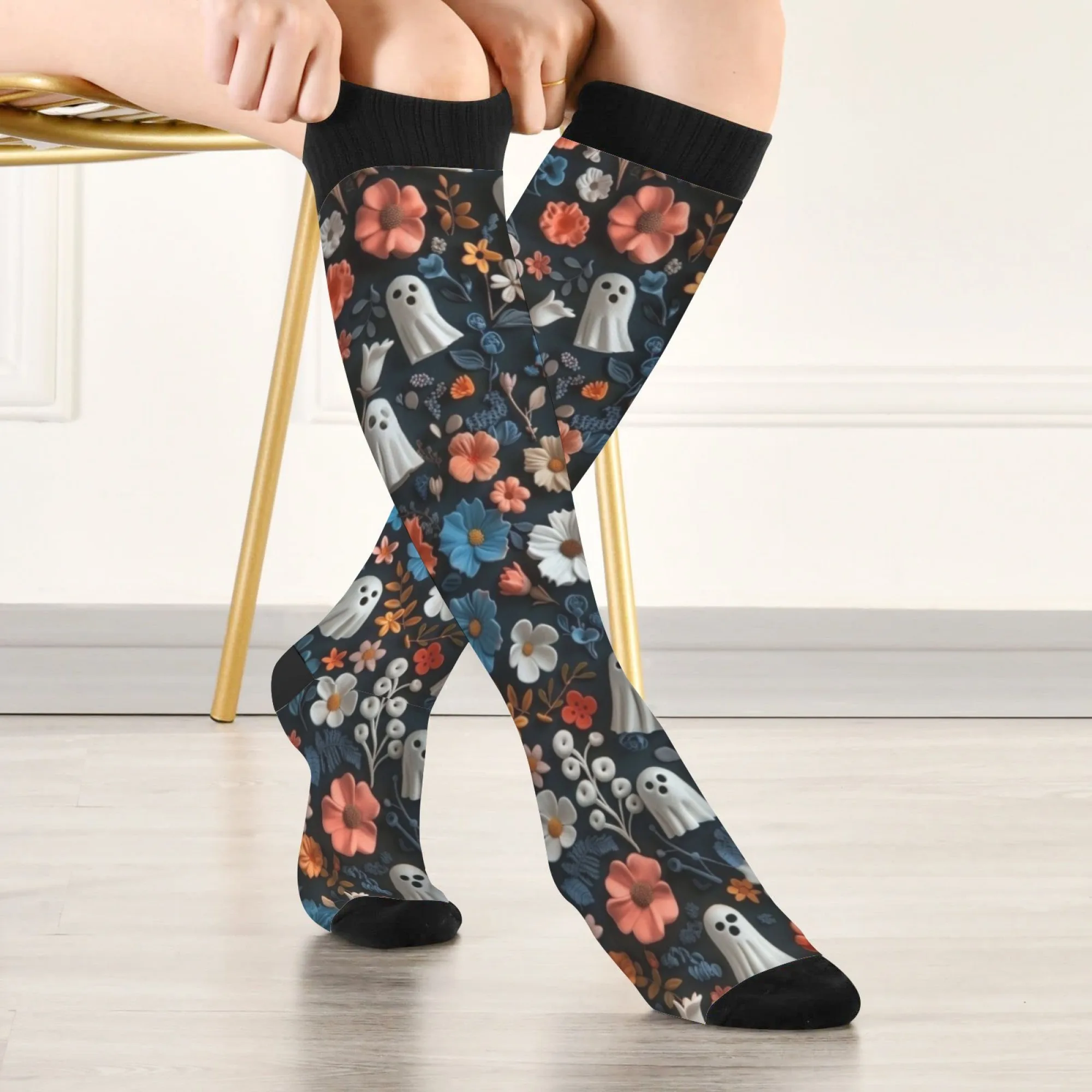 

Красочные цветы и белые призраки Чулки унисекс Забавные носки «День мертвых» Повседневные носки в стиле ретро Удобные теплые нескользящие носки