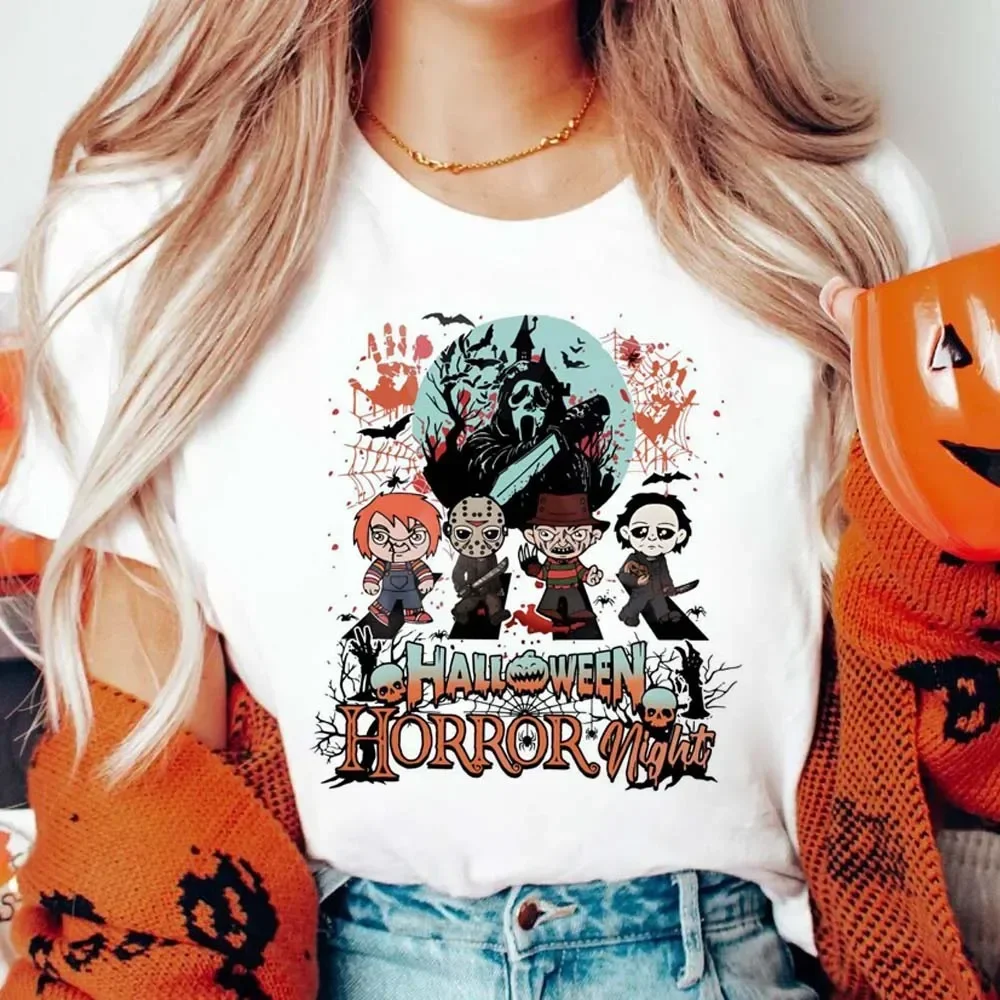 Halloween Horror Nights Scary Movie Characters T-Shirt Pattern Halloween Fashion Clothing Women\'s Printed Trendy Top T-Shirt.