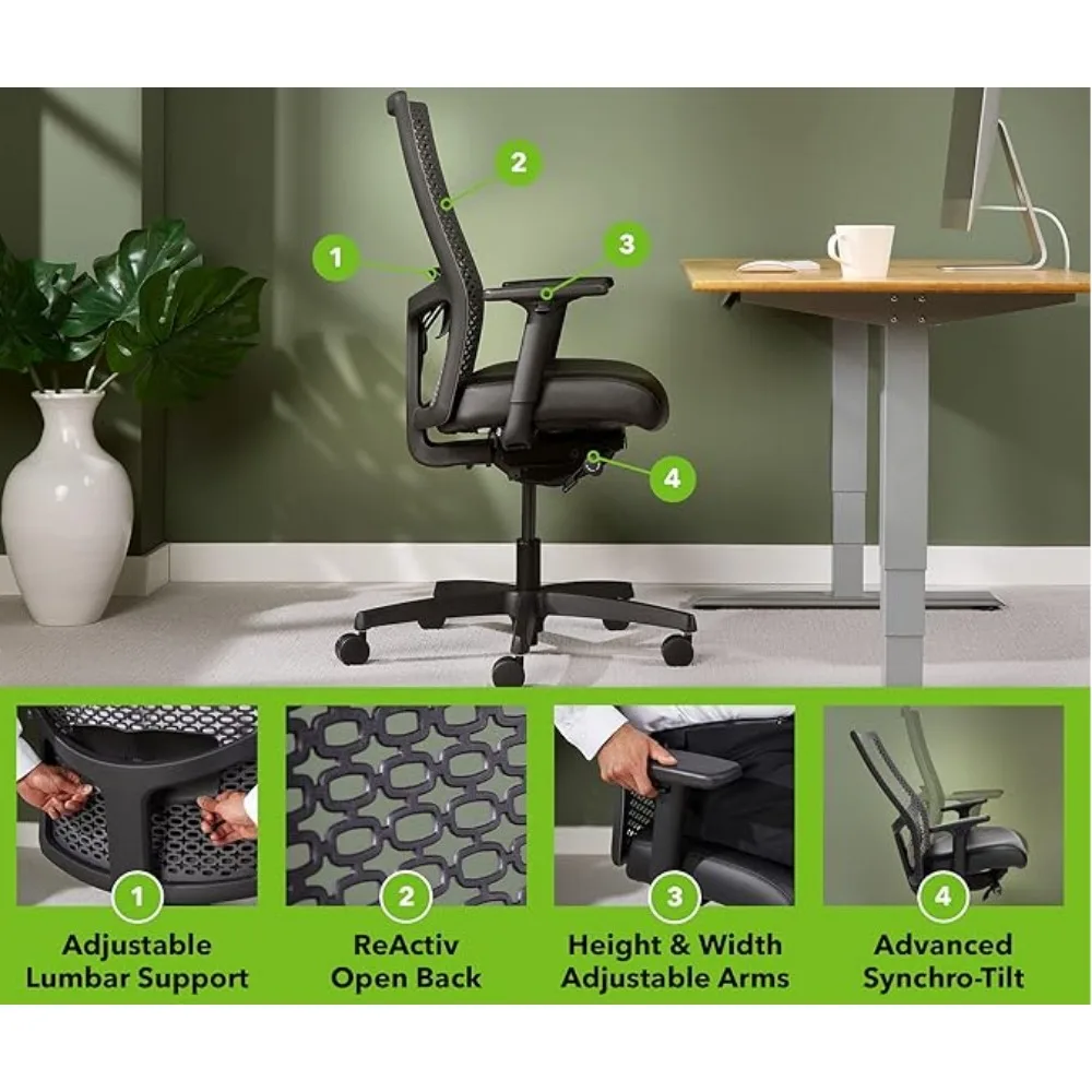 2.0 ReActiv Office Chair Ergonomic Open Mesh-Style Back for High Airflow & Flex Support- Adjustable Lumbar, Synchro-Tilt Recline