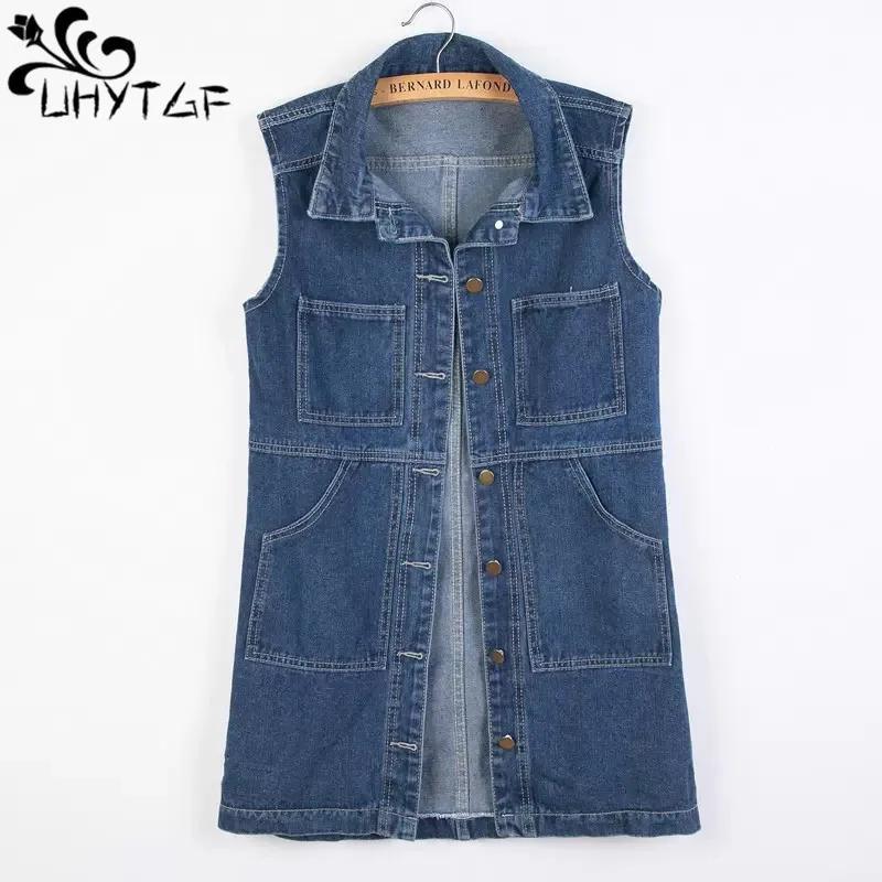 

UHYTGF 2023 6XL Denim Vest Women Jacket Single Breasted Sleeveless Autumn Winter Jeans Waistcoat Female Vintage Cowboy Coat 2482