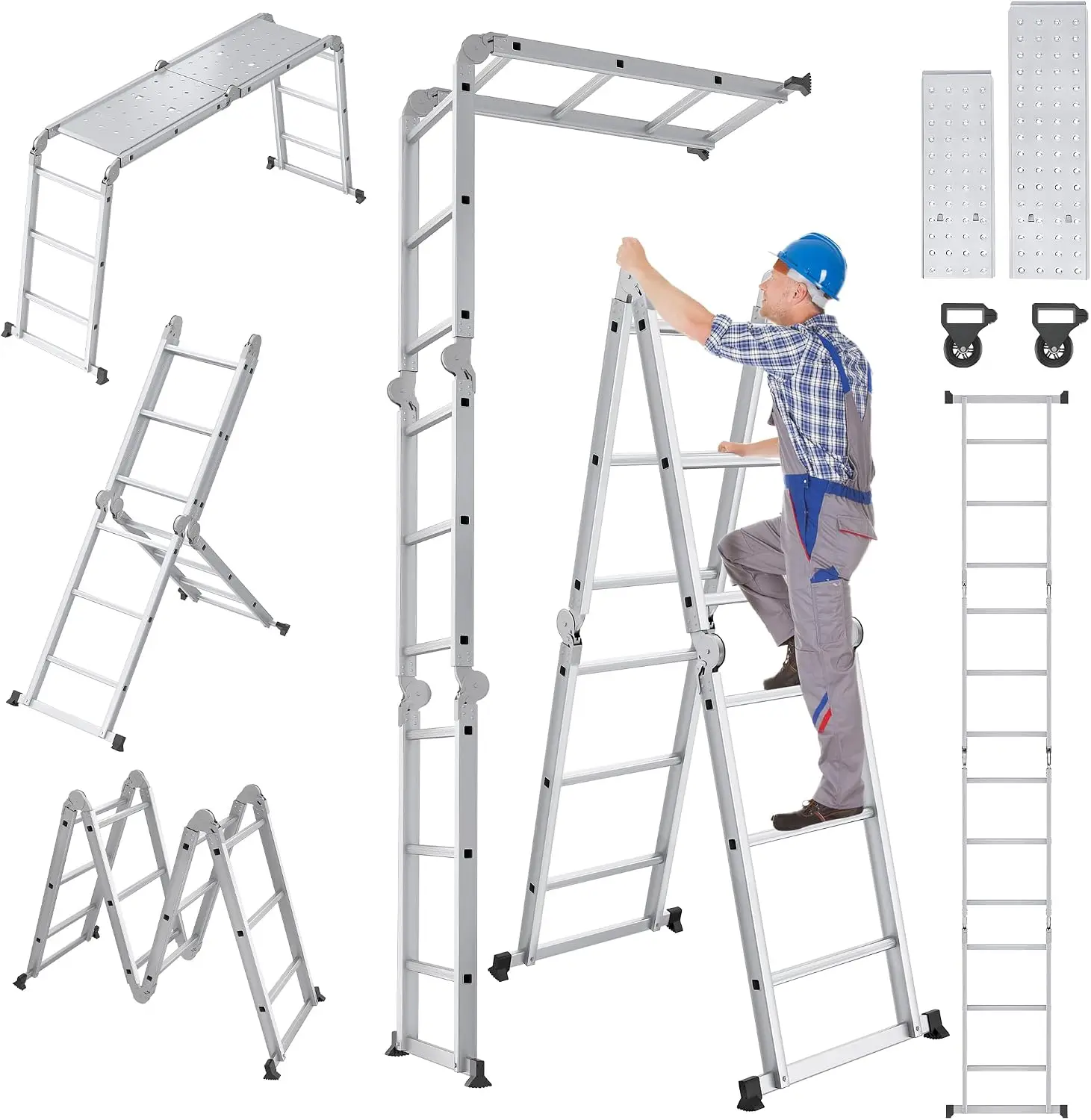 Échelle pliante multifonction en aluminium, modèle 4x3/4x4/4x5, échelle à échelons en forme de A et de M, avec 2 plateformes de travail et roues, échelle antidérapante à plusieurs positions pour la maison, le jardin et les travaux de construction.