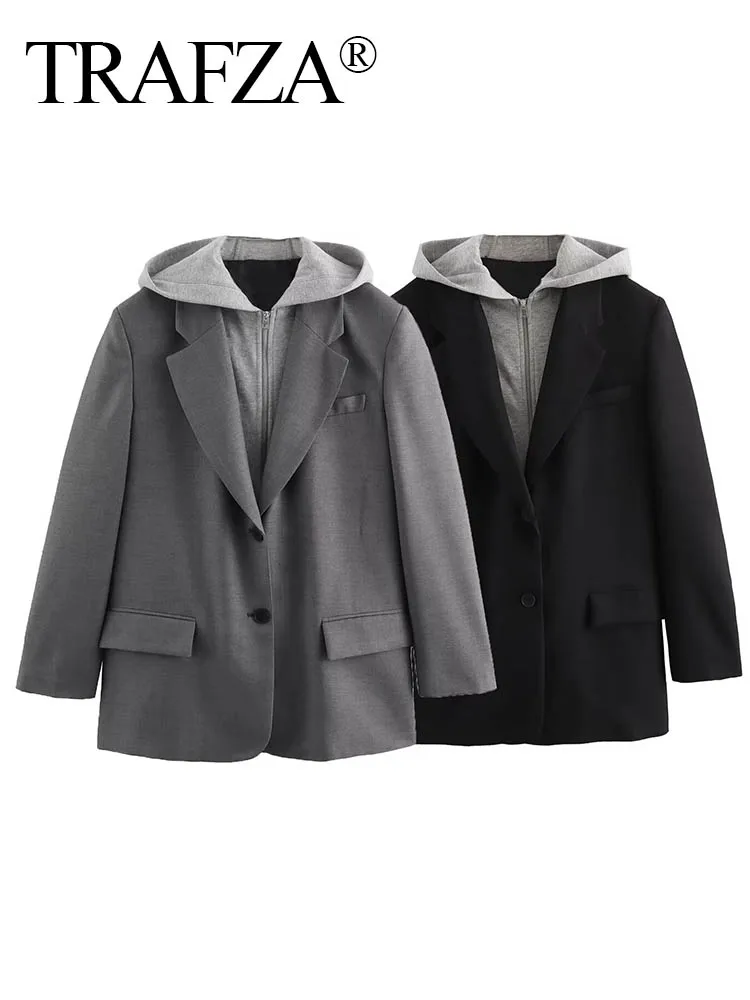 TRAFZA 2024 Blazer con cappuccio Splicing donna monopetto Blazer da ufficio giacche da donna cappotto a maniche lunghe capispalla autunnale