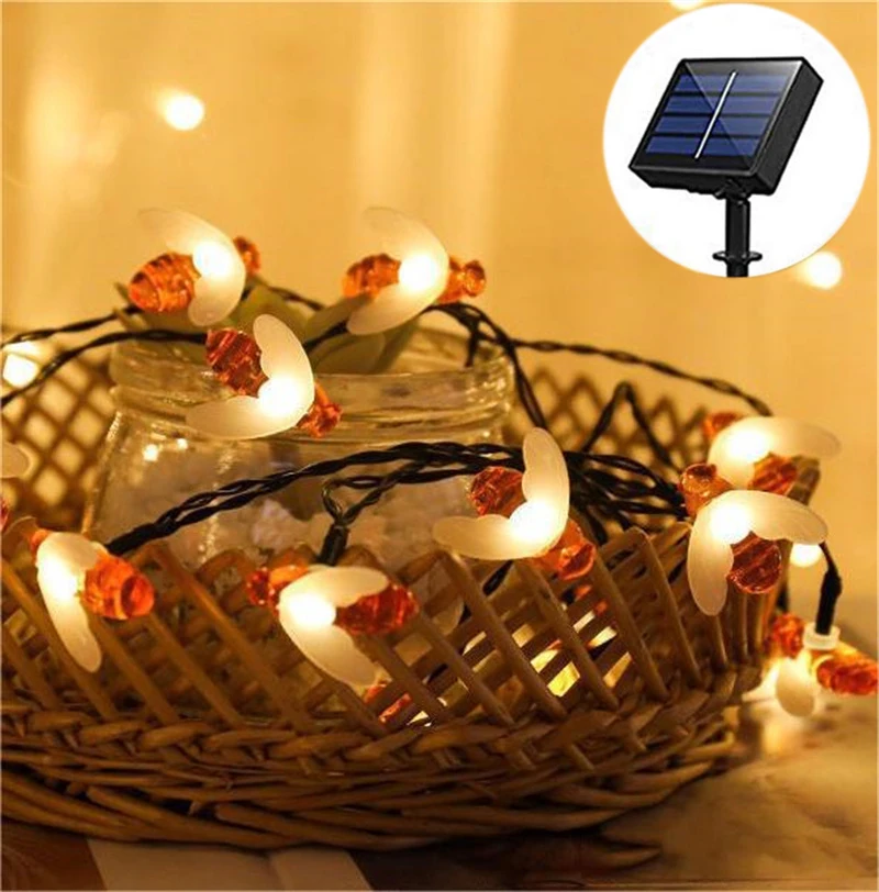 Luz led para jardim ao ar livre, 8 modos, 5m/7m/12m, solar, fofo, mel, abelhas, fada, guirlandas, natal, casamento, feriado, decoração