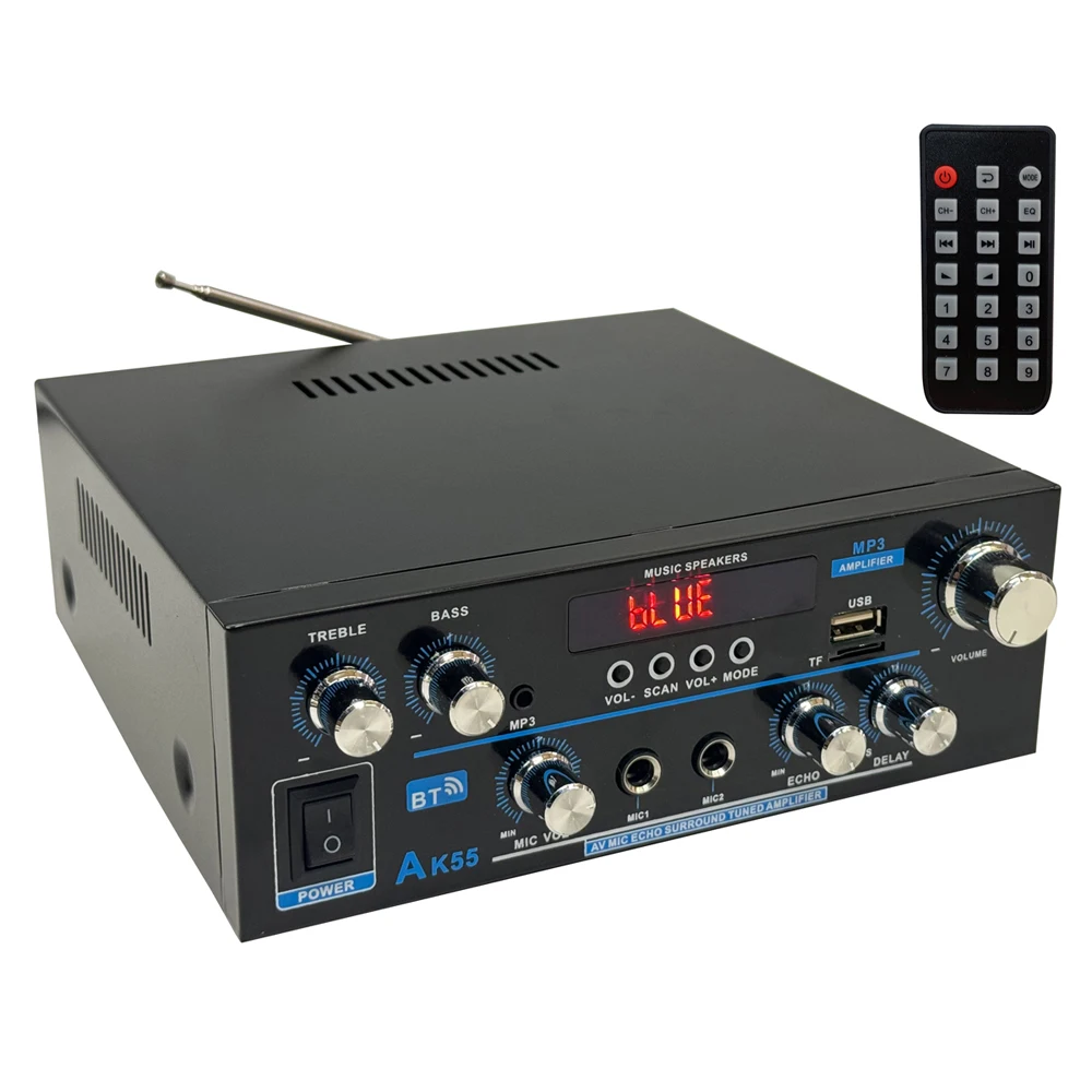 AK55 Amplifier Bluetooth-compatible Music Amplifiers for Home Car Karaoke 2 Channel HiFi Stereo AMP FM USB Remote Control Audio