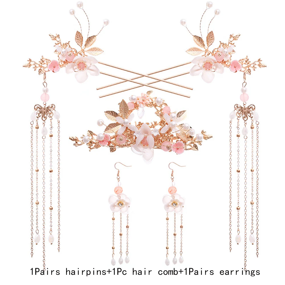 

Headpiece Hair Jewelry Fashion Chinese Long Crystal Flower Earrings Hair Comb Hanfu Hair Stick Headwear Sets