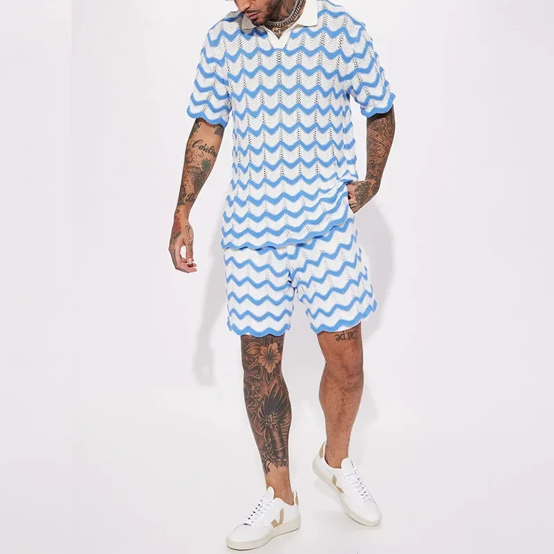 2023 Summer New Men\'s Set Knit Fashion Print Shirts and Shorts Two Piece Suits Sports Leisure Male Clothing