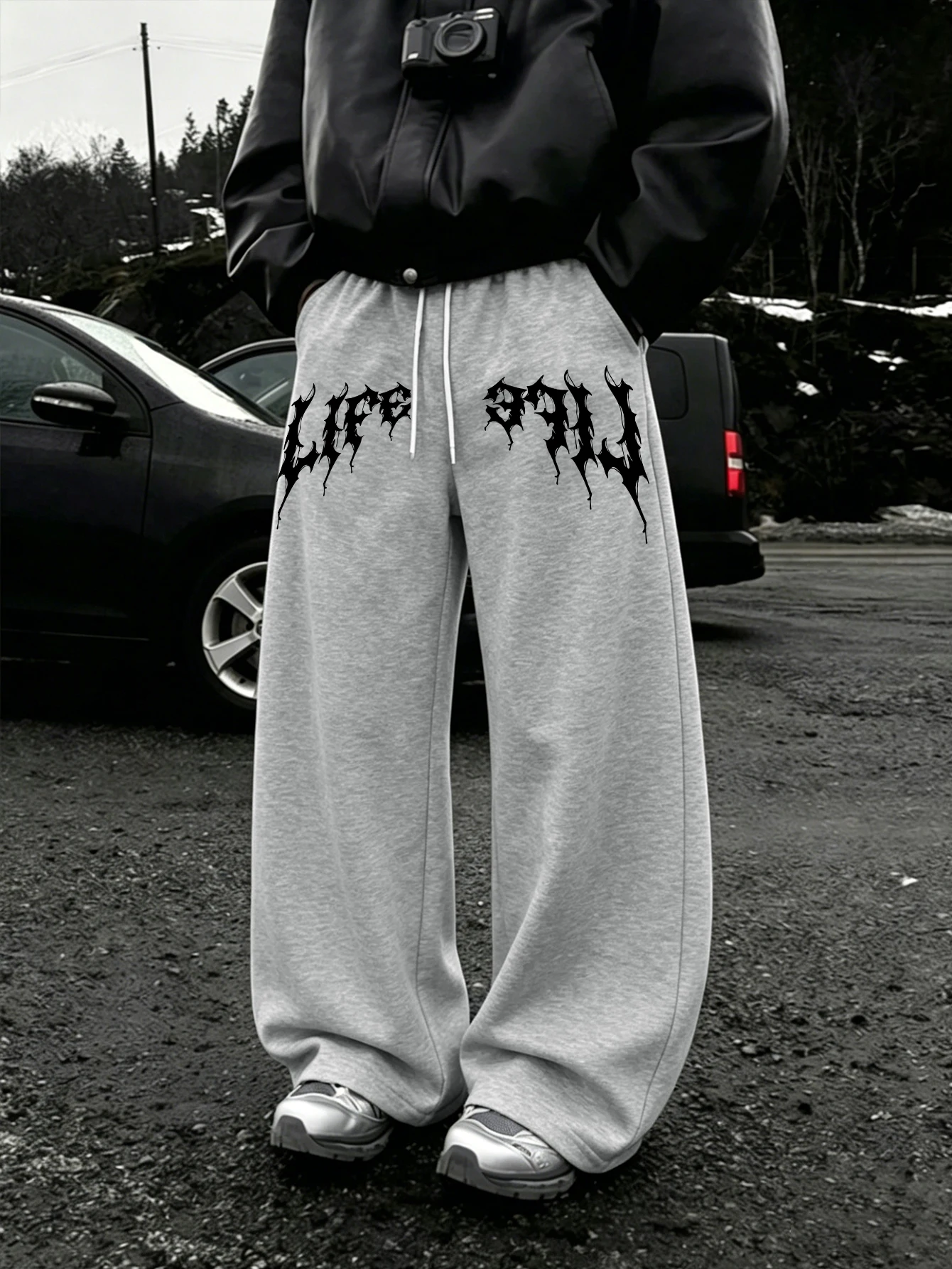 Men Wide Leg Life Fall Gothic Sweatpants 100% Polyester Thorn Letter Print Baggy Y2K Drawstring Casual Jogger Pants