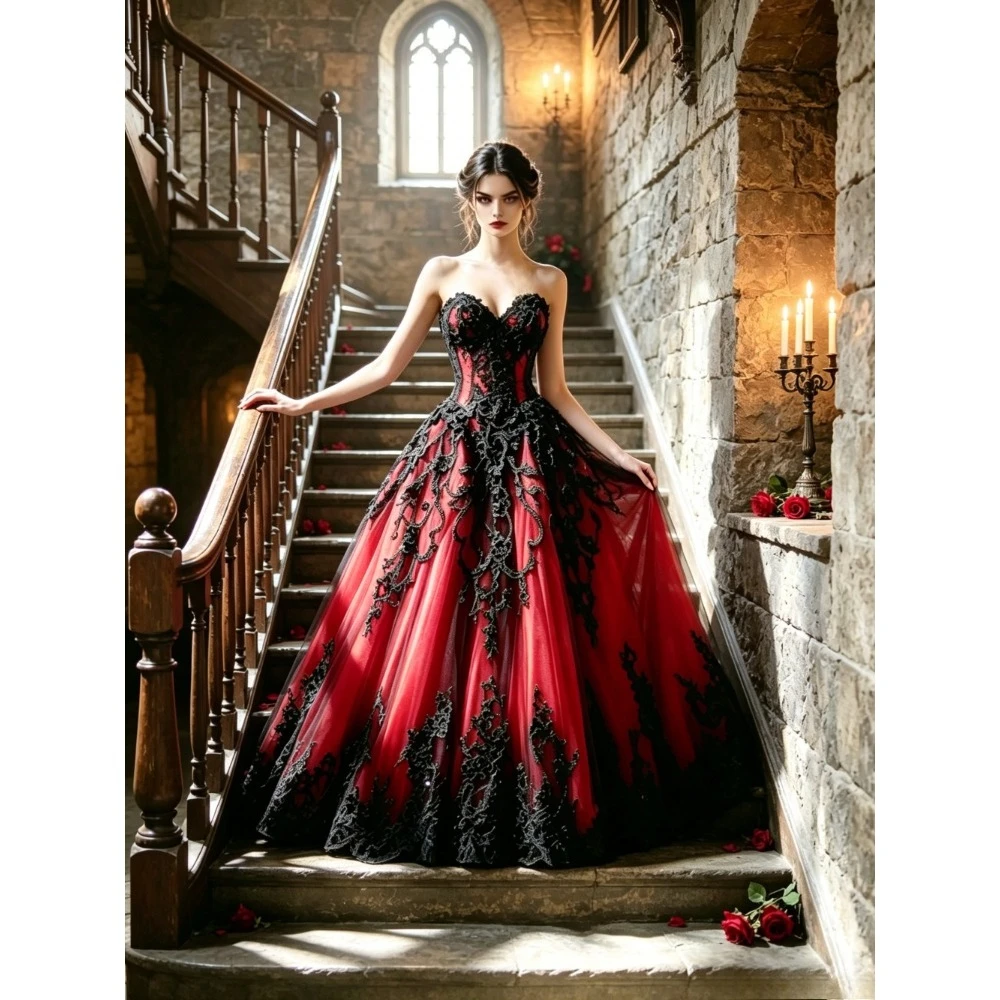 Customized Strapless Black Lace Applique Red Chiffon Bridal Gown Vintage Gothic Fluffy Ball Dresses Suitable for Dinner Parties