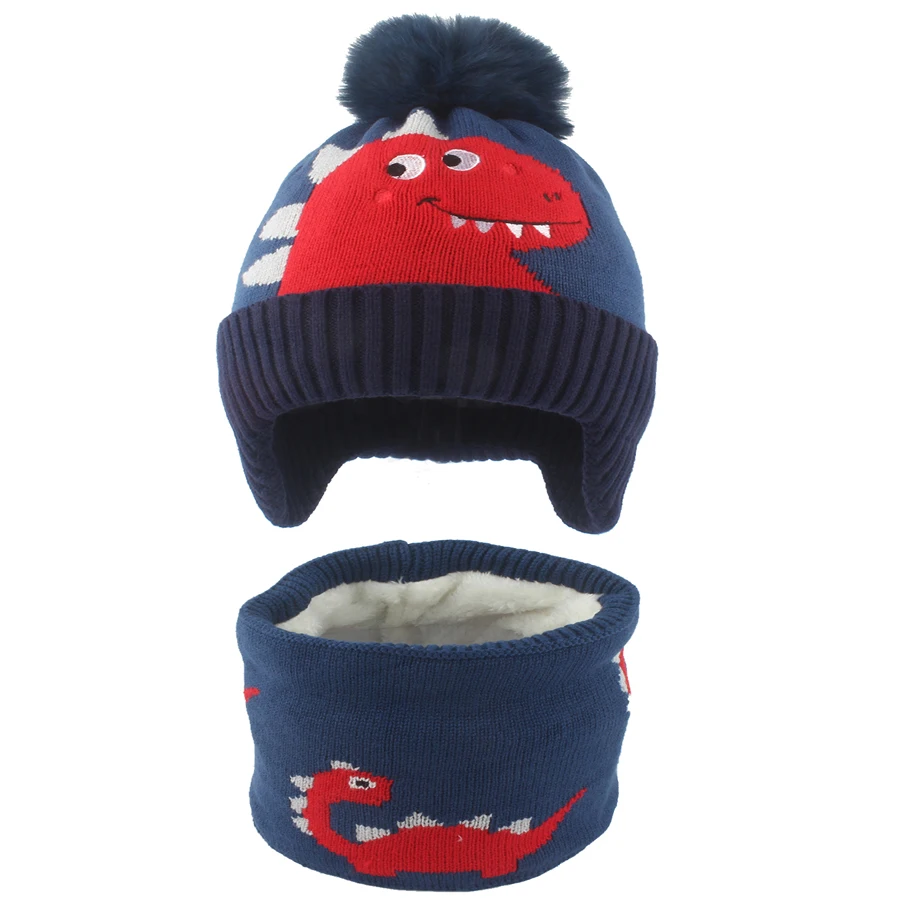 Children Cartoon Dinosaur Cute Hat Scraf Set Winter Windproof Warm Beanie Cap Baby Ear Protection Knitted Hats For Kids