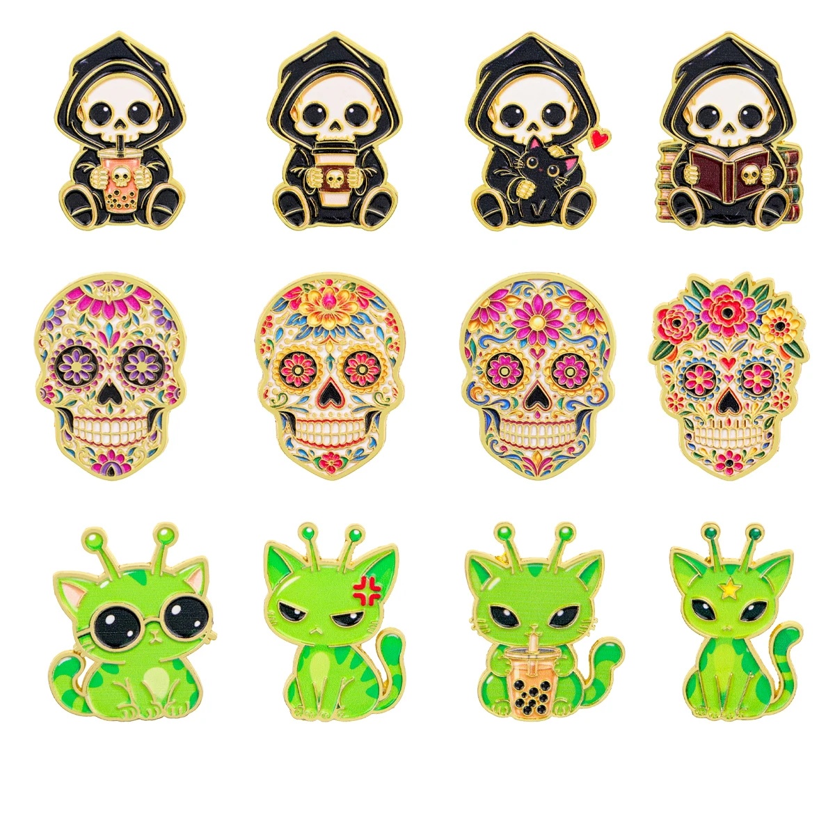 Artistic Day Of Dead Skull Lapel Pins Cartoon Grim Reaper Alien Cat Enamel Badge Metal Pin For Coat Hat Backpack Party Gift