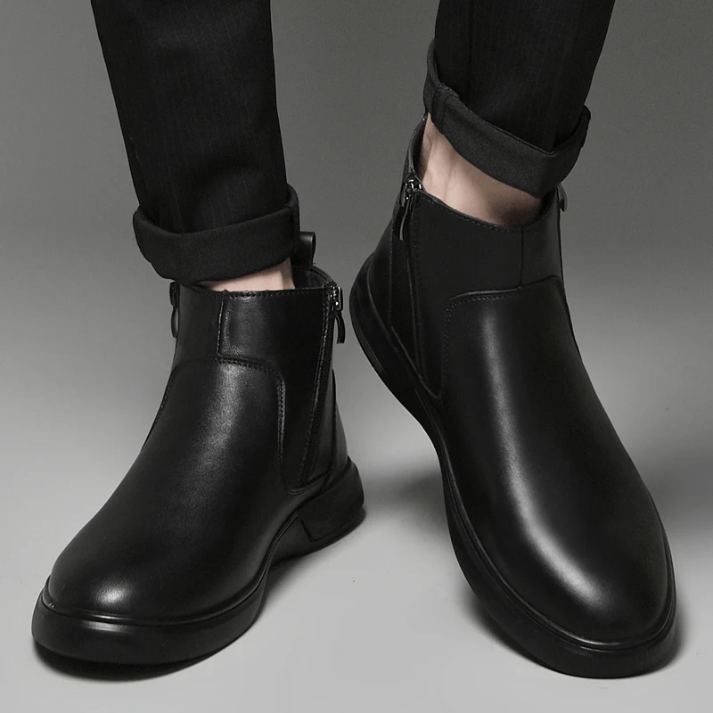 

Fashion Men Soft Comfort Flat Bottomed Chelsea Boot Luxury Brand Genuine Leather Business Boots Winter Plush Warm High Top Boots